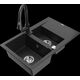 Mexen Gaspar granīta izlietne, 1,5 bļodas, ar noteku un Elia virtuves jaucējkrānu, melns/sudrabs metālisks - 6507-73-670101-70