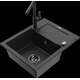 Гранитная мойка Mexen Enzo, 1 чаша, с крылом и кухонным смесителем Flora, черный/серебристый металлик - 6506-73-670401-70-B