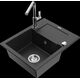Гранитная мойка Mexen Enzo, 1 чаша, с крылом и кухонным смесителем Flora, черный/серебристый металлик - 6506-73-670401-00