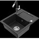 Гранитная мойка Mexen Enzo, 1 чаша, с крылом и кухонным смесителем Flora, черный/серебристый металлик - 6506-73-670401-07