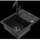 Гранитная мойка Mexen Enzo, 1 чаша, с крылом и кухонным смесителем Flora, черный - 6506-77-670401-70-B