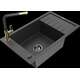 Гранитная мойка Mexen Elias, 1 чаша, с крылом и кухонным смесителем Flora, крапчатый черный - 6511-76-670401-57-B
