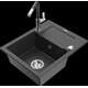 Гранитная мойка Mexen Enzo, 1 чаша, с крылом и кухонным смесителем Flora, крапчатый черный - 6506-76-670401-08