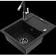 Mexen Enzo granīta izlietne, 1 bļoda, ar noteku un Flora virtuves jaucējkrānu, melns - 6506-77-670401-07-B