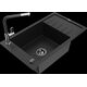 Гранитная мойка Mexen Elias, 1 чаша, с крылом и кухонным смесителем Flora, черный - 6511-77-670401-07-B