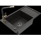 Гранитная мойка Mexen Elias, 1 чаша, с крылом и кухонным смесителем Flora, черный/золотой металлик - 6511-75-670401-57-B