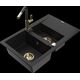 Granīta izlietne Mexen Gaspar 1,5 bļodas ar noteku un virtuves jaucējkrānu Flora, melna - 6507-77-670401-57-G