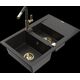 Granīta izlietne Mexen Gaspar 1,5 bļodas ar noteku un Flora virtuves jaucējkrānu, melns/zelts - 6507-75-670401-57-G