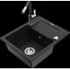 Mexen Enzo granīta izlietne, 1 bļoda, ar noteku un Flora virtuves jaucējkrānu, melns - 6506-77-670401-07