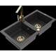 Mexen Mario granīta izlietne, 2 bļodas un Rita virtuves jaucējkrāns, raibs melns - 6504-76-670300-50