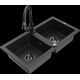 Mexen Mario granīta izlietne, 2 bļodas un Elia virtuves jaucējkrāns, melns/sudrabs metālisks - 6504-73-670101-70-B