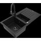 Granīta izlietne Mexen Matias 1,5 bļodas ar noteku un Elia virtuves jaucējkrānu, melns - 6502-77-670101-70-B