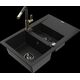 Granīta izlietne Mexen Gaspar 1,5 bļodas ar noteku un virtuves jaucējkrānu Flora, melna - 6507-77-670401-57-B