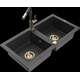 Mexen Mario granīta izlietne, 2 bļodas un Flora virtuves jaucējkrāns, raibs melns - 6504-76-670401-75-G