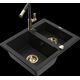 Granīta izlietne Mexen Carlos 1,5 bļodas ar virtuves jaucējkrānu Flora, melna - 6518-77-670401-57-G