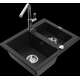 Granīta izlietne Mexen Carlos 1,5 bļodas ar virtuves jaucējkrānu Flora, melna - 6518-77-670401-00