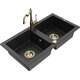 Mexen Mario zlewozmywak granitowy 2-komorowy z baterią kuchenną Carla, czarny/srebrny metalik - 6504-73-670700-50