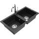 Mexen Mario zlewozmywak granitowy 2-komorowy z baterią kuchenną Carla, czarny/srebrny metalik - 6504-73-670700-00