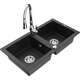 Mexen Mario zlewozmywak granitowy 2-komorowy z baterią kuchenną Savita, czarny/srebrny metalik - 6504-73-672601-00