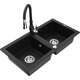 Mexen Mario zlewozmywak granitowy 2-komorowy z baterią kuchenną Savita, czarny - 6504-77-672601-70