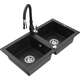 Mexen Mario zlewozmywak granitowy 2-komorowy z baterią kuchenną Savita, czarny/srebrny metalik - 6504-73-672601-70