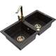 Mexen Mario zlewozmywak granitowy 2-komorowy z baterią kuchenną Rita, czarny/złoty metalik - 6504-75-670300-50