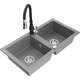 Mexen Mario zlewozmywak granitowy 2-komorowy z baterią kuchenną Savita, szary - 6504-71-672601-70