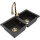 Mexen Mario zlewozmywak granitowy 2-komorowy z baterią kuchenną Savita, czarny/złoty metalik - 6504-75-672601-50