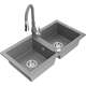 Mexen Mario zlewozmywak granitowy 2-komorowy z baterią kuchenną Savita, szary - 6504-71-672601-71