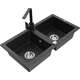 Mexen Mario zlewozmywak granitowy 2-komorowy z baterią kuchenną Rita, czarny/złoty metalik - 6504-75-670300-70
